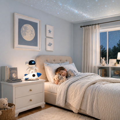 Projecteur astronaute LED en forme d’astronaute sur une fusée lumineuse, posé sur une table de chevet dans une chambre d’enfant. Un jeune enfant dort paisiblement avec son ourson sous un plafond illuminé d’un ciel étoilé, créant une ambiance douce, rassurante et idéale pour favoriser un sommeil apaisé.