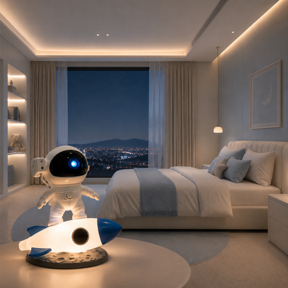 Projecteur astronaute LED en forme d’astronaute sur une fusée lumineuse, mis en scène dans une chambre moderne aux tons doux. La veilleuse décorative diffuse une lumière apaisante et crée une ambiance inspirée de l’espace, idéale pour une chambre d’enfant ou une décoration contemporaine.