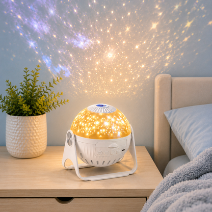 Projecteur ciel étoilé blanc diffusant une galaxie lumineuse dans une chambre d'enfant aux tons greige et bleu poudre, posé sur une table de nuit près du lit pour créer une ambiance apaisante et favoriser un sommeil serein des bébés et des enfants.