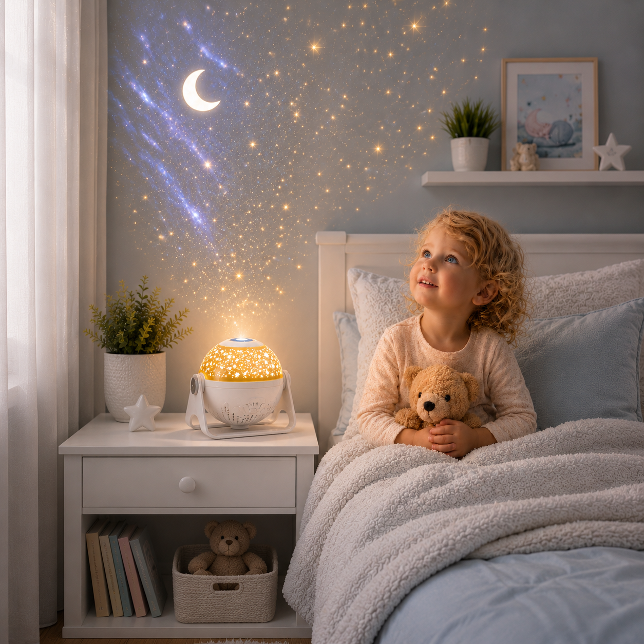 Fillette admirant un projecteur ciel étoilé blanc posé sur une table de nuit blanche dans une chambre aux tons greige et bleu poudre, diffusant une projection de lune, d'étoiles et de galaxie pour créer une ambiance magique, apaisante et propice à l'endormissement.
