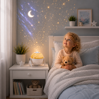 Fillette admirant un projecteur ciel étoilé blanc posé sur une table de nuit blanche dans une chambre aux tons greige et bleu poudre, diffusant une projection de lune, d'étoiles et de galaxie pour créer une ambiance magique, apaisante et propice à l'endormissement.