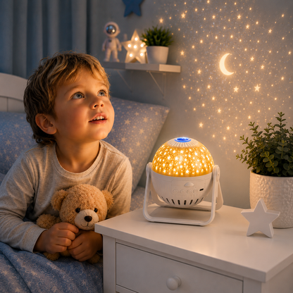 Jeune enfant admirant un projecteur ciel étoilé blanc dans une chambre aux tons greige et bleu poudre, créant une douce projection de lune, d'étoiles et de galaxie pour une ambiance apaisante favorisant le calme, l'imagination et l'endormissement.