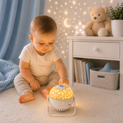 Bébé découvrant un projecteur ciel étoilé blanc posé sur son lit dans une chambre d'enfant aux tons greige et bleu poudre, diffusant une douce lumière étoilée pour créer une ambiance apaisante et favoriser l'éveil, la détente et l'endormissement.