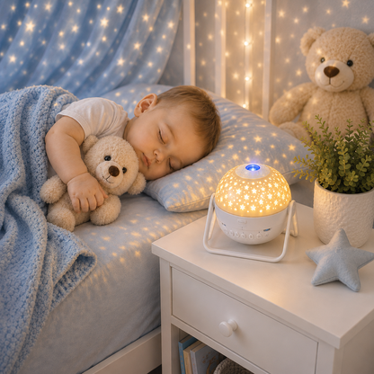 Bébé endormi dans une chambre d'enfant aux tons greige et bleu poudre avec un projecteur ciel étoilé blanc sur une table de nuit blanche, diffusant une douce lumière étoilée pour créer une ambiance rassurante et favoriser un sommeil paisible.