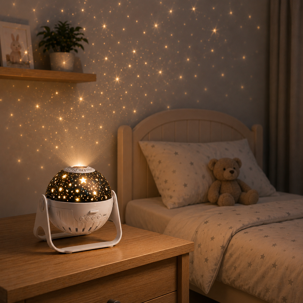 Projecteur ciel étoilé blanc diffusant une projection d'étoiles dorées dans une chambre d'enfant. Veilleuse LED posée sur une table de nuit en bois, créant une ambiance chaleureuse, apaisante et propice à l'endormissement.