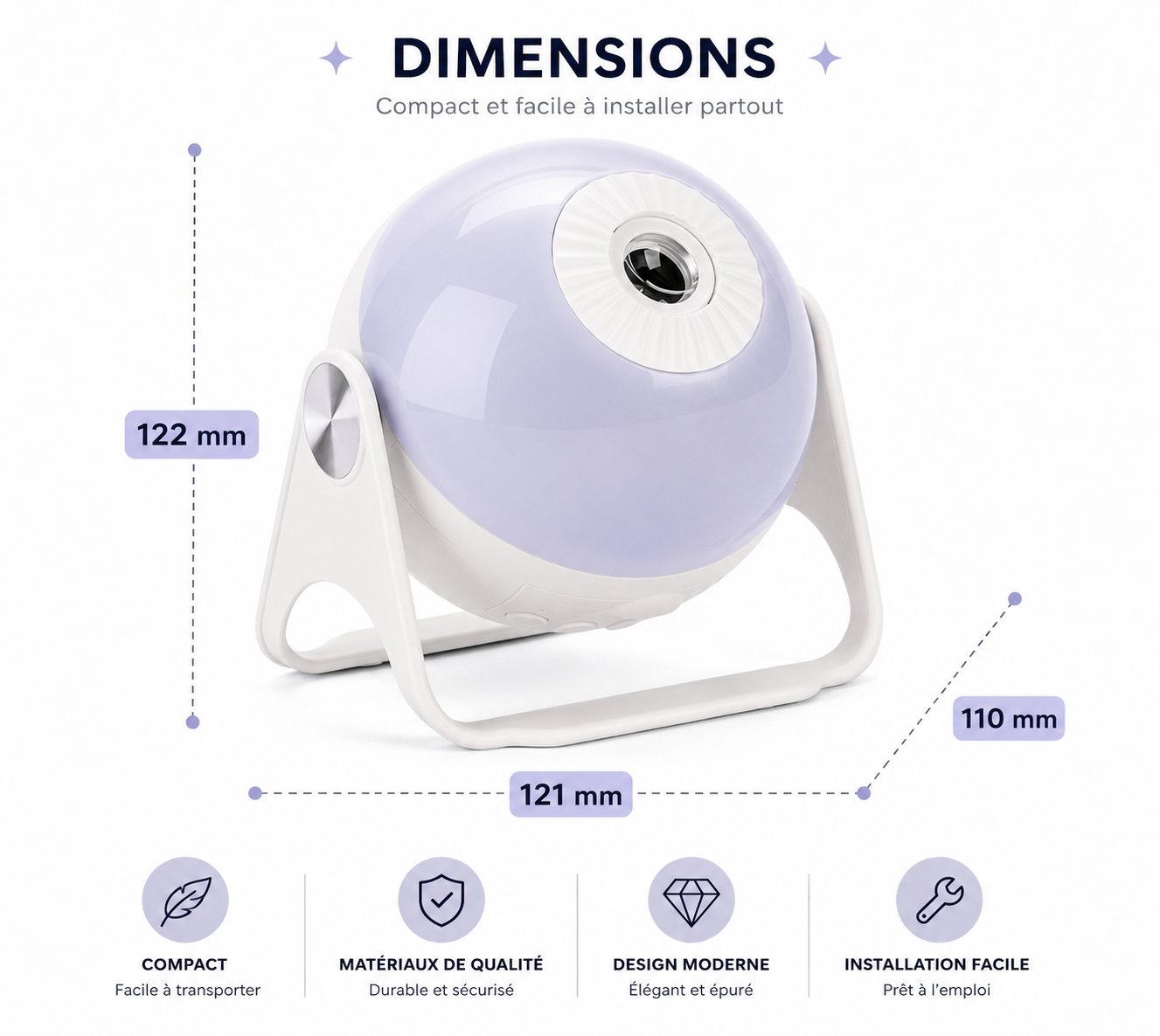 Infographie du projecteur ciel étoilé LED présentant ses dimensions de 122 × 121 × 110 mm, son format compact, son design moderne et sa facilité d'installation.
