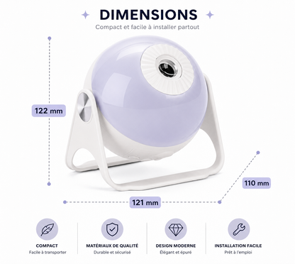 Infographie du projecteur ciel étoilé LED présentant ses dimensions de 122 × 121 × 110 mm, son format compact, son design moderne et sa facilité d'installation.