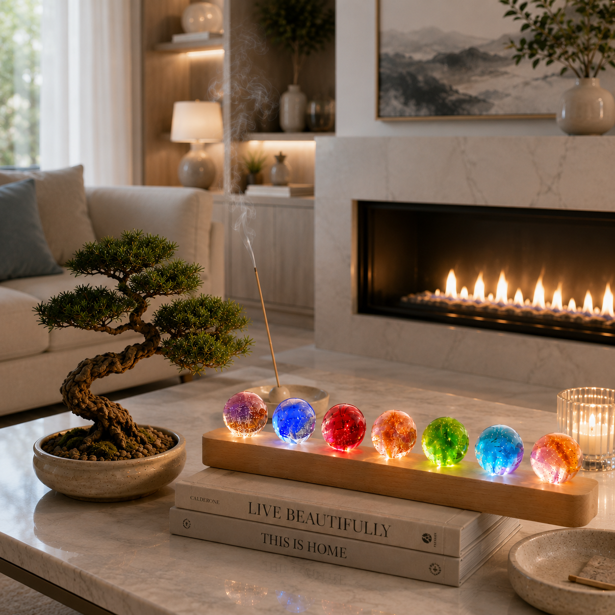 Kit de sphères lumineuses décoratives Lumina sur une table basse en marbre devant un foyer moderne, accompagné d'un bonsaï et d'un bâton d'encens fumant dans un salon haut de gamme aux tons greige et bleu poudre.