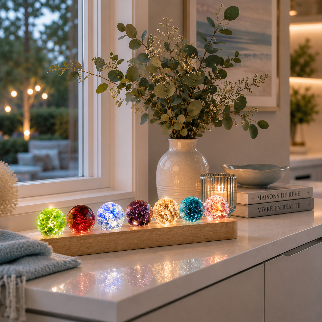 Kit de sphères lumineuses décoratives Lumina posé sur une console blanche devant une grande fenêtre au crépuscule, entouré d’un grand bouquet de fleurs, de bougies et de livres décoratifs, créant une ambiance chaleureuse, élégante et apaisante dans un intérieur moderne.