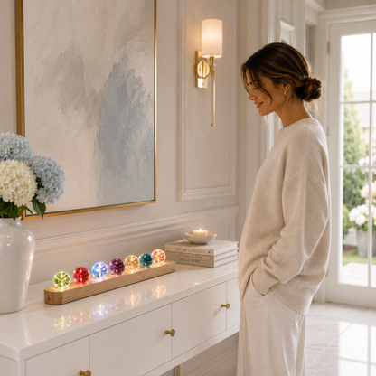 Une personne admire le kit de sphères lumineuses décoratives Lumina posé sur une console blanche dans un hall d’entrée moderne, avec bougies, fleurs bleues, œuvre murale et lumière naturelle, créant une ambiance chaleureuse, élégante et apaisante.