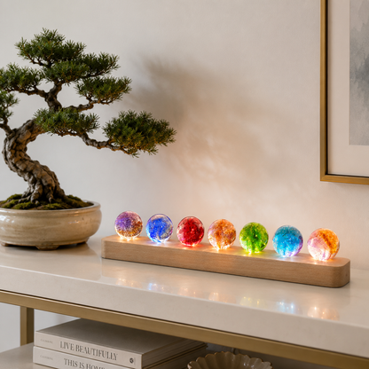 Kit de sphères lumineuses décoratives Lumina posé sur une console blanche avec un bonsaï, dans un intérieur moderne et épuré. Les sept sphères lumineuses diffusent une lumière douce et colorée, créant une ambiance zen, chaleureuse et élégante.