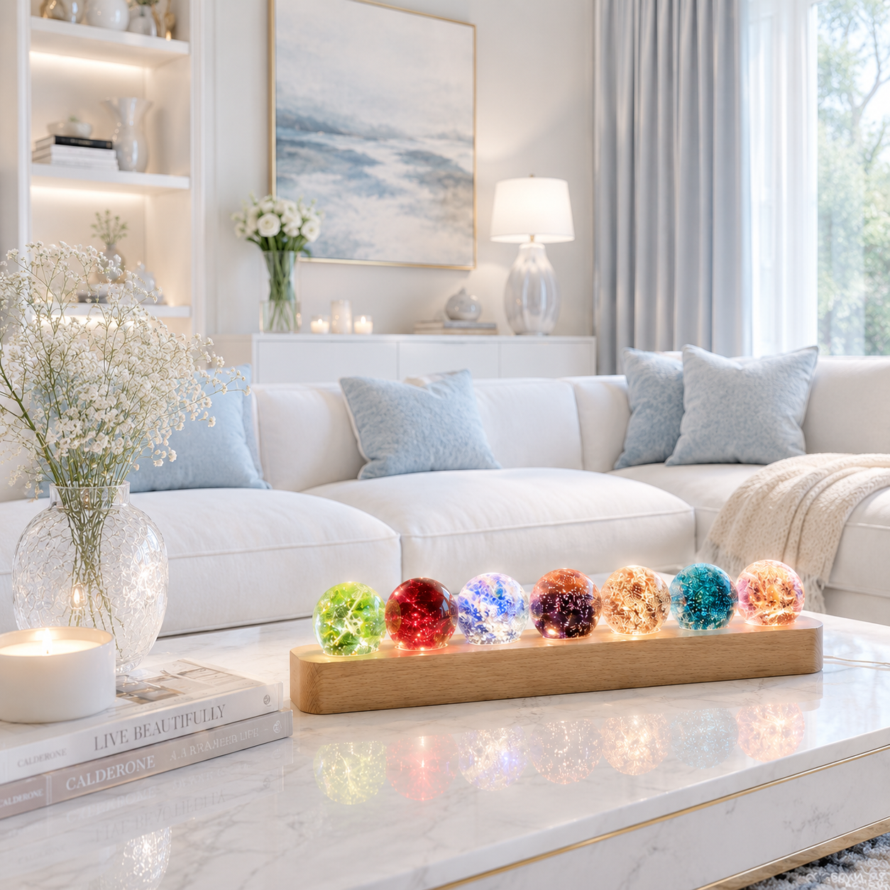 Kit de sphères lumineuses décoratives Lumina posé sur une table basse en marbre dans un salon moderne et lumineux, avec canapé blanc, coussins bleu poudre, bougies, fleurs blanches et grande fenêtre laissant entrer une lumière naturelle.