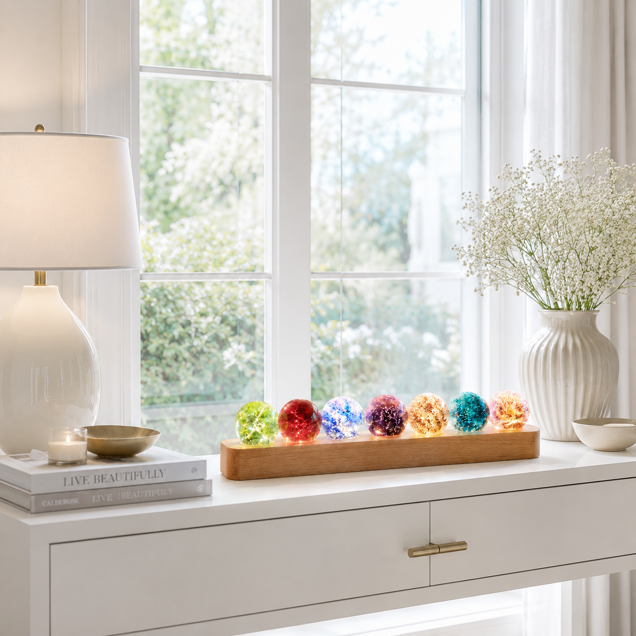 Kit de sphères lumineuses décoratives Lumina posé sur une console blanche devant une grande fenêtre, accompagné d’une lampe de table, de fleurs blanches et de livres décoratifs, dans un intérieur moderne et lumineux aux tons greige et bleu poudre.