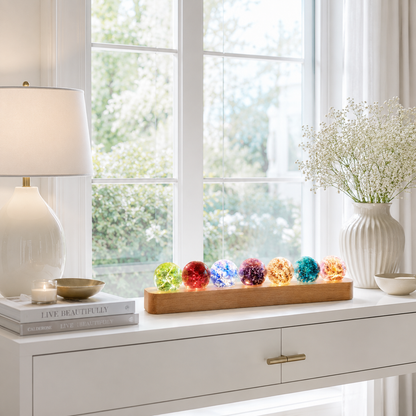 Kit de sphères lumineuses décoratives Lumina posé sur une console blanche devant une grande fenêtre, accompagné d’une lampe de table, de fleurs blanches et de livres décoratifs, dans un intérieur moderne et lumineux aux tons greige et bleu poudre.