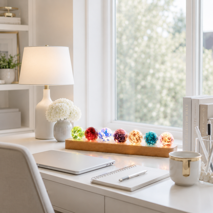 Kit de sphères lumineuses décoratives Lumina posé sur un bureau blanc devant une grande fenêtre, avec lampe de table, cahier, ordinateur portable et accessoires de bureau, créant une ambiance apaisante et élégante aux tons greige et bleu poudre.