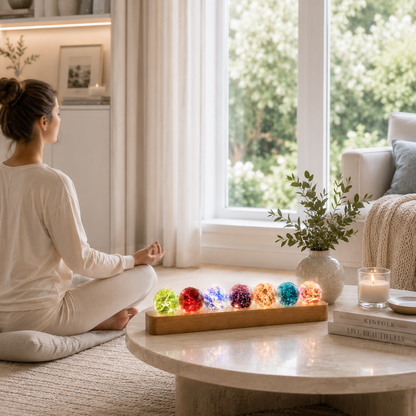 Kit de sphères lumineuses décoratives Lumina posé sur une petite table basse devant une personne en méditation, avec vase décoratif, bougie et grande fenêtre baignée de lumière naturelle, créant une ambiance zen, apaisante et élégante.