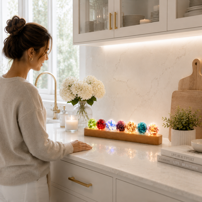 Une personne admire le kit de sphères lumineuses décoratives Lumina posé sur un comptoir de cuisine en quartz blanc, dans une cuisine moderne haut de gamme avec fleurs blanches, planches en bois, plante décorative et lumière naturelle, créant une ambiance chaleureuse.