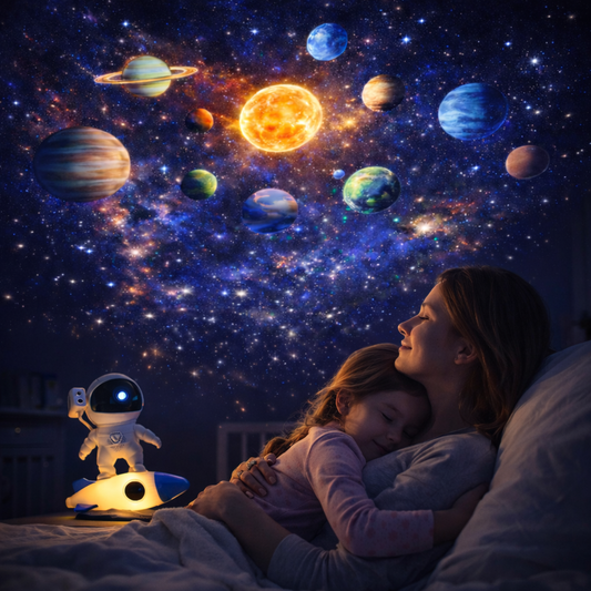 "Veilleuse bébé projecteur astronaute projection étoiles et planètes système solaire maman berce son enfant ambiance nuit apaisante pour faciliter le coucher"