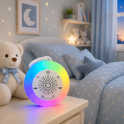 Veilleuse bébé rechargeable avec lumière multicolore, bruits blancs et minuterie, posée sur une table de chevet dans une chambre d'enfant 