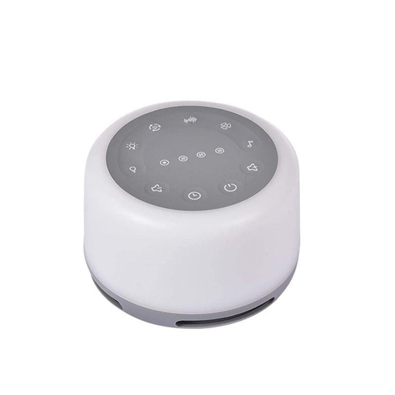 Veilleuse bébé à bruit blanc rechargeable blanche avec commandes tactiles, lumière réglable, minuterie intégrée et sons apaisants, conçue pour favoriser un sommeil paisible des bébés et des jeunes enfants.