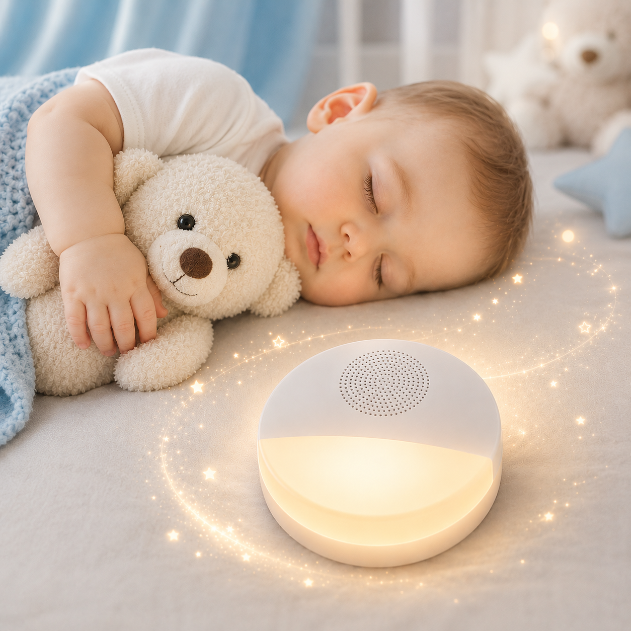 Veilleuse bébé avec lumière douce et bruits blancs près d'un enfant endormi tenant son ourson, créant une ambiance apaisante dans une chambre aux tons greige et bleu poudre.