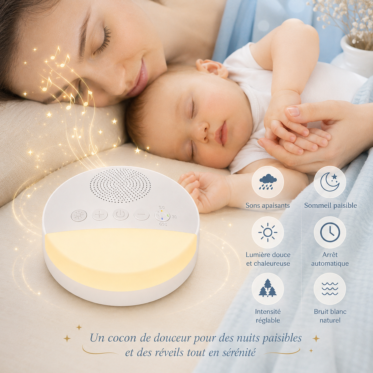Maman et bébé endormis près d'une veilleuse bébé avec bruits blancs et lumière douce, créant une ambiance apaisante pour des nuits paisibles et un sommeil serein.