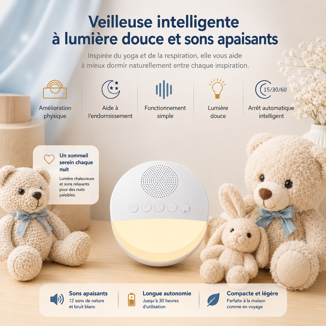 Veilleuse bébé intelligente avec lumière douce et bruits blancs, infographie présentant les fonctions de sommeil apaisant, minuterie, autonomie rechargeable USB et format compact.