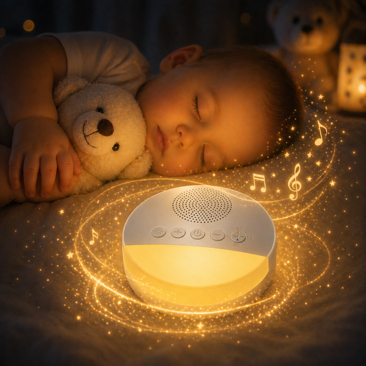 veilleuse bébé bruit blanc lumière chaude enfant dort paisiblement avec peluche ambiance magique apaisante sommeil profond