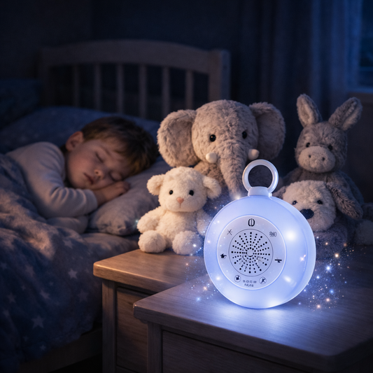 Veilleuse bruit blanc bébé avec lumière apaisante et peluches, idéale pour aider l’enfant à s’endormir rapidement et créer une ambiance calme et sécurisante.