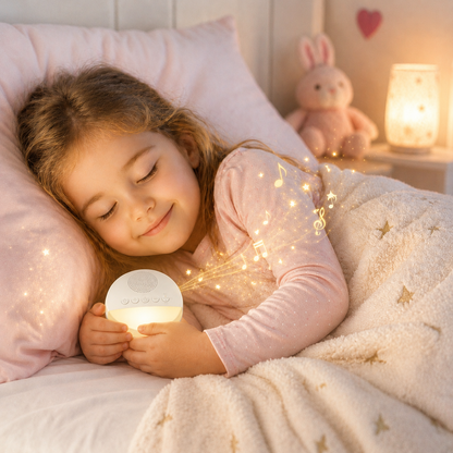 Fillette endormie tenant une veilleuse à bruit blanc diffusant une lumière douce et des sons apaisants pour favoriser un sommeil serein dans une chambre chaleureuse.