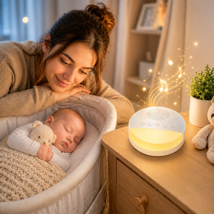 Maman veillant tendrement sur son bébé endormi dans un moïse près d'une veilleuse à bruit blanc diffusant une lumière douce et des sons apaisants pour favoriser un sommeil paisible.
