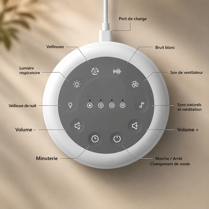 Infographie en français illustrant les commandes de la veilleuse bébé à bruit blanc rechargeable avec les fonctions de lumière, bruit blanc, sons naturels, minuterie, réglage du volume, port de recharge USB et bouton marche/arrêt.
