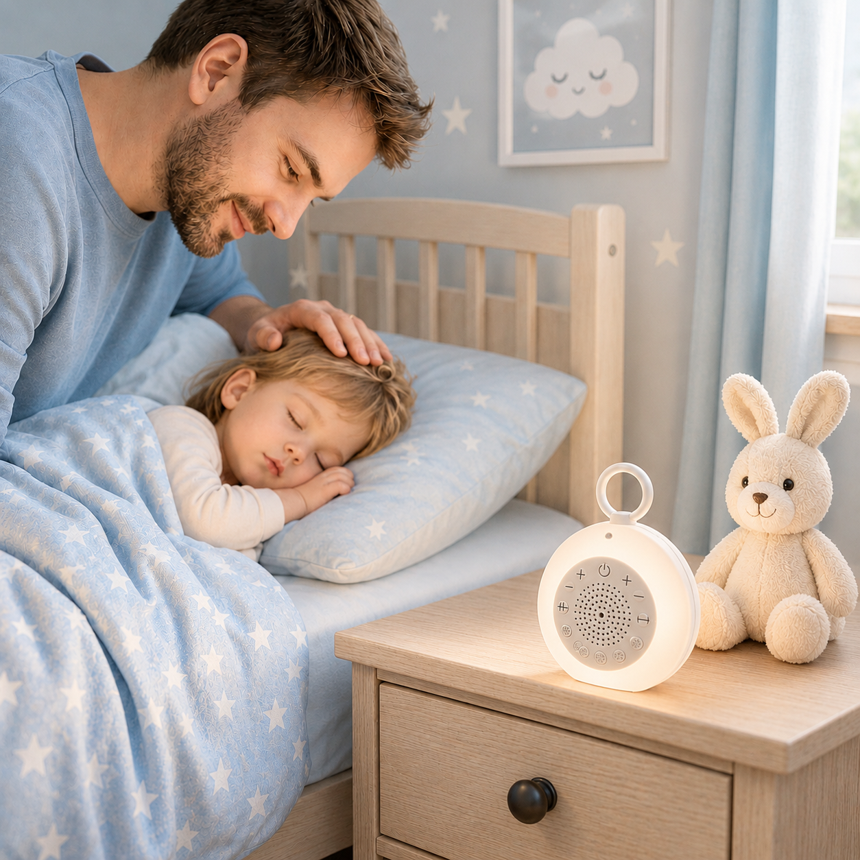 Veilleuse bébé rechargeable avec lumière blanche chaude, bruits blancs et minuterie, installée sur une table de chevet en bois près d'un enfant endormi, accompagnée d'un lapin en peluche dans une chambre aux tons bleu poudre et greige créant une ambiance douce et rassurante.