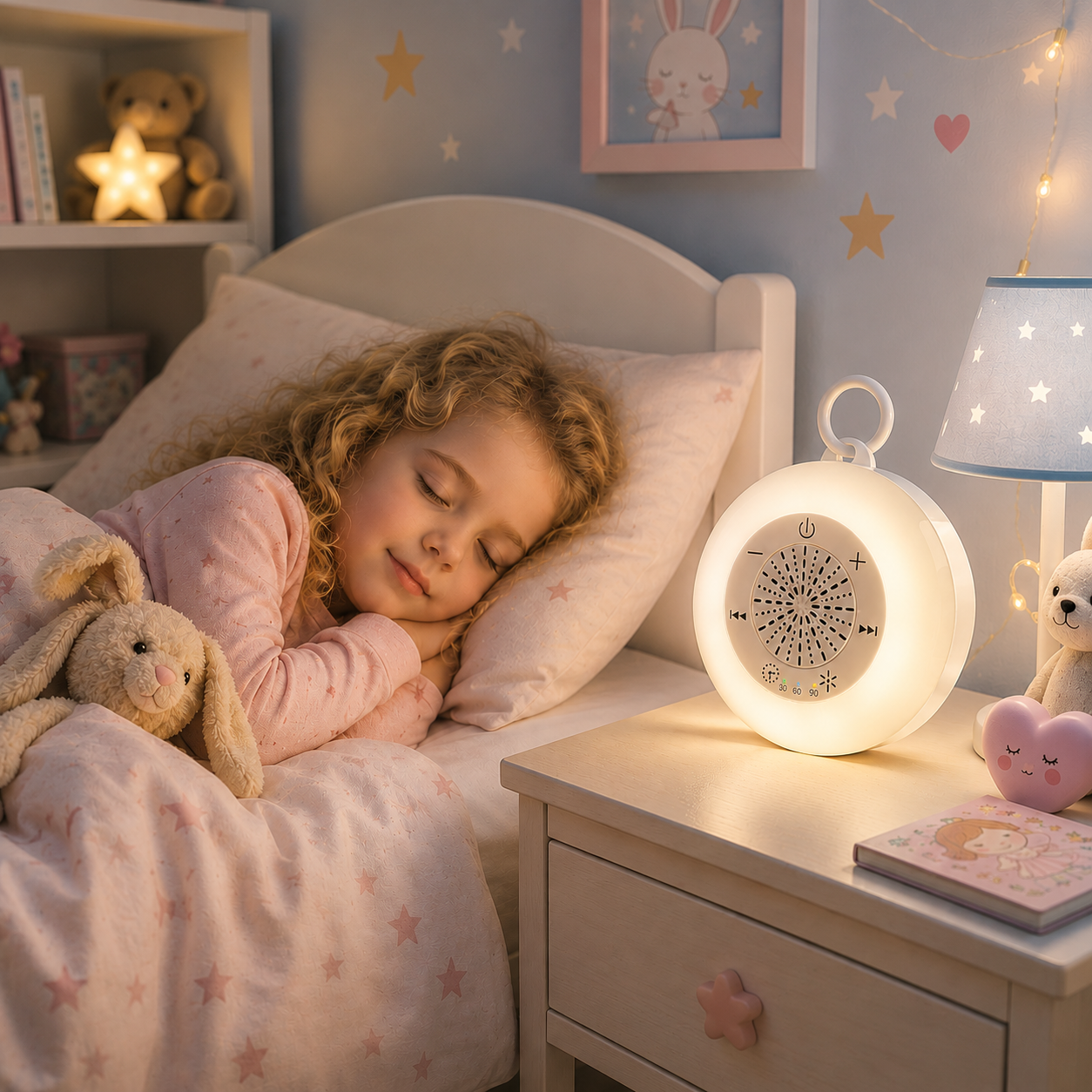 Veilleuse bébé rechargeable avec lumière blanche chaude, bruits blancs et minuterie, installée sur une table de chevet dans une chambre d'enfant aux tons bleu poudre et greige, près d'une enfant endormie avec son lapin en peluche, créant une ambiance douce et rassurante.