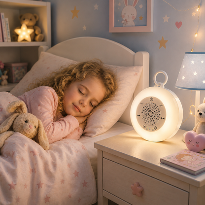 Veilleuse bébé rechargeable avec lumière blanche chaude, bruits blancs et minuterie, installée sur une table de chevet dans une chambre d'enfant aux tons bleu poudre et greige, près d'une enfant endormie avec son lapin en peluche, créant une ambiance douce et rassurante.