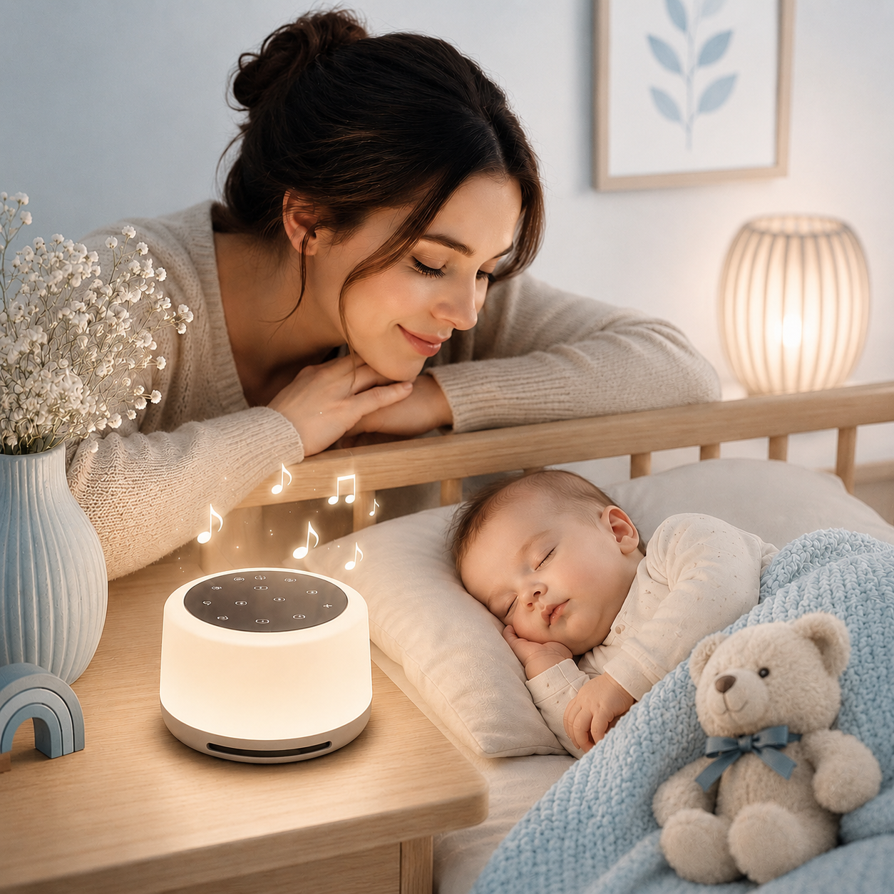 Maman observant son bébé endormi près d'une veilleuse bébé avec bruits blancs et lumière douce, créant une ambiance apaisante dans une chambre de bébé aux tons greige et bleu poudre.