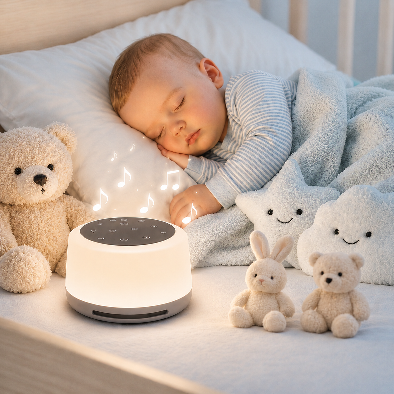 Veilleuse bébé à bruits blancs et lumière douce accompagnant un jeune enfant endormi dans une chambre aux tons greige et bleu poudre, idéale pour un sommeil serein.