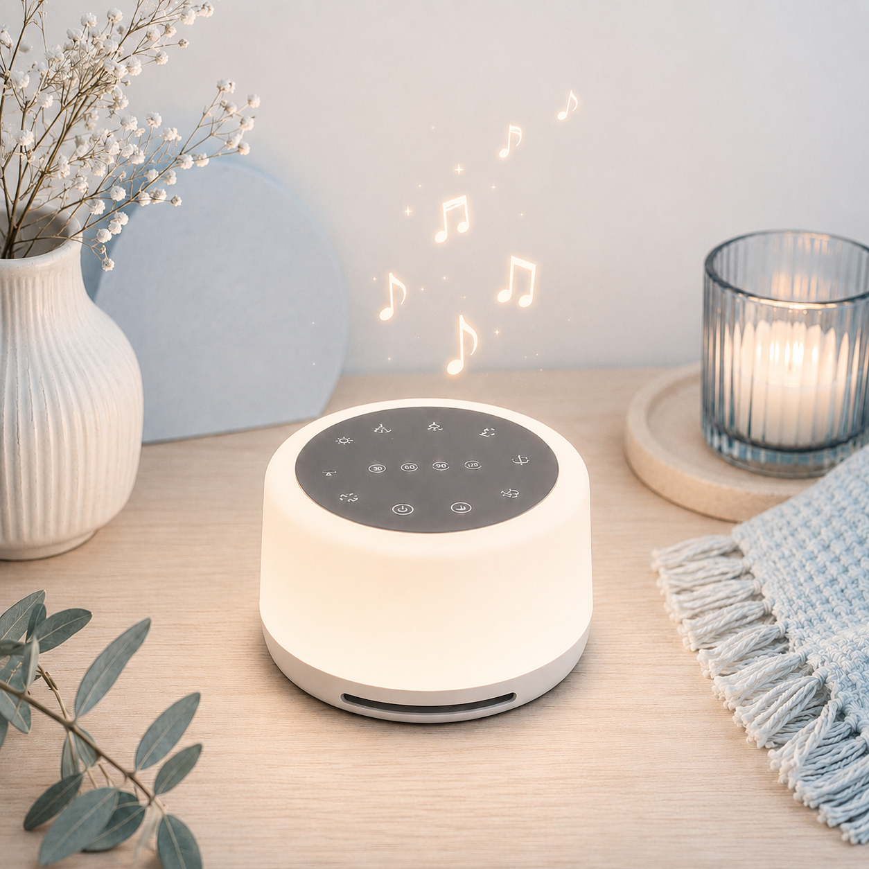 Veilleuse bébé avec bruits blancs et lumière douce sur une table de nuit dans une chambre aux tons greige et bleu poudre, idéale pour créer une ambiance apaisante avant le coucher.