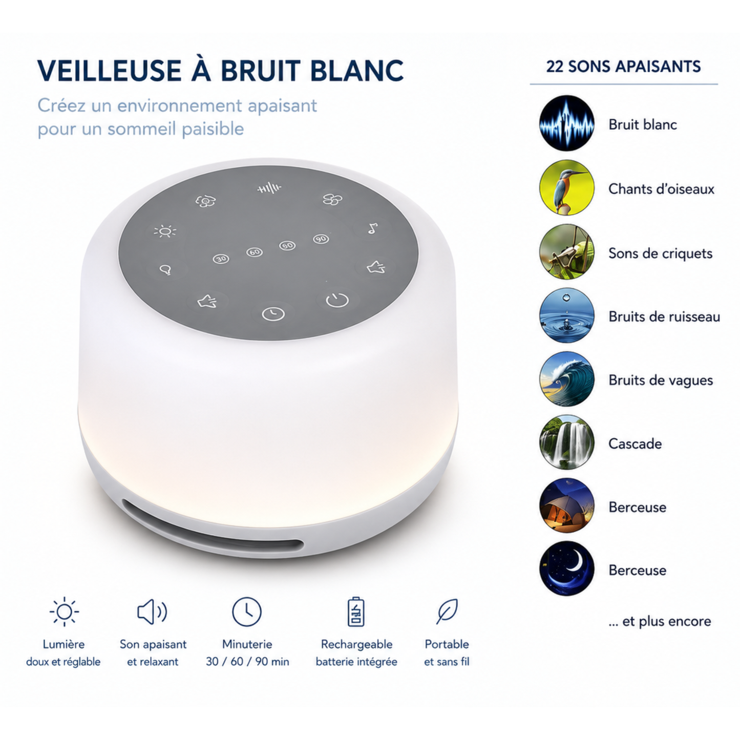 Infographie en français présentant une veilleuse bébé à bruit blanc rechargeable avec 22 sons apaisants, lumière réglable, minuterie de 30, 60 et 90 minutes, batterie rechargeable par USB, fonctionnement sans fil et commandes simples pour favoriser un sommeil paisible.