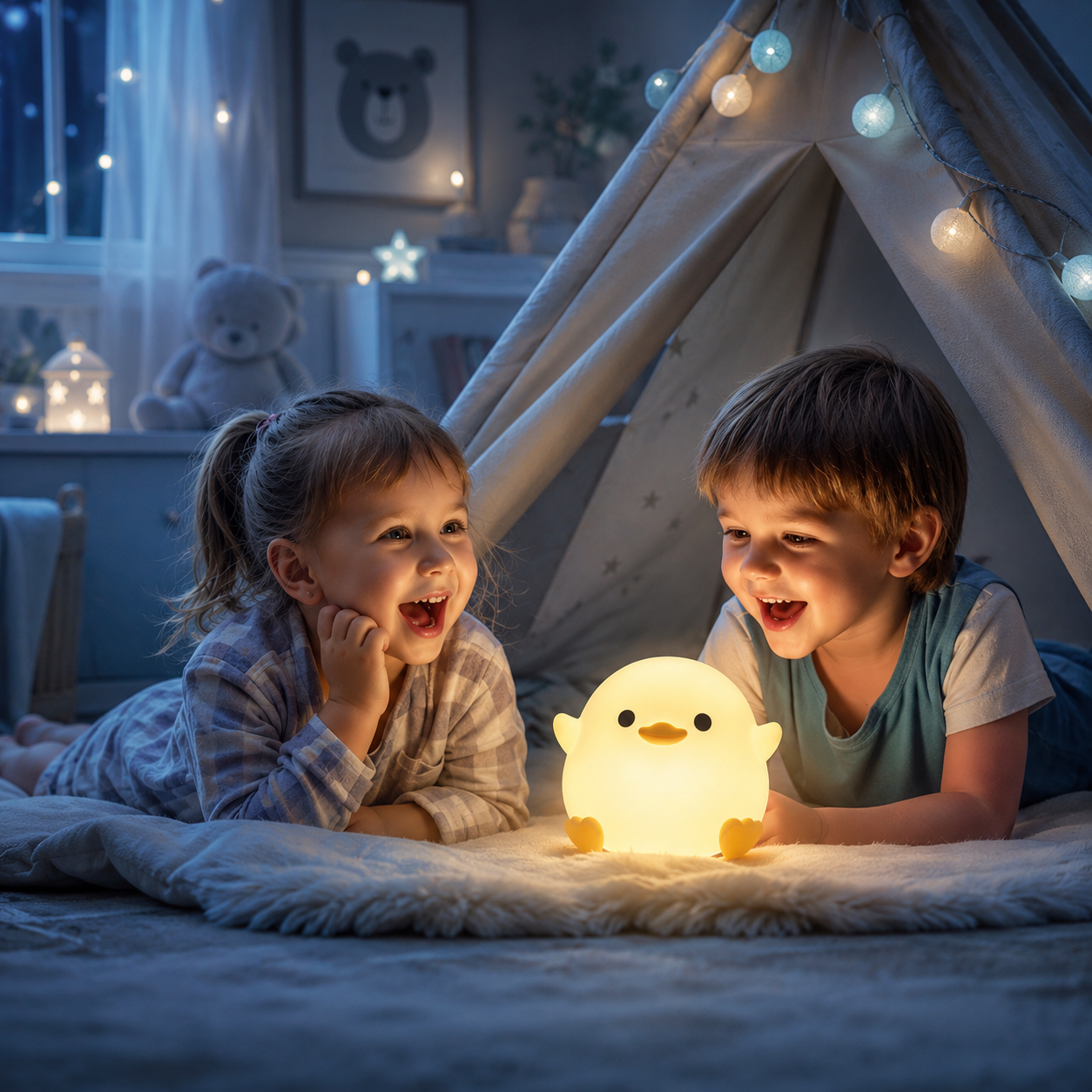 Deux jeunes enfants sourient devant une veilleuse canard en silicone diffusant une lumière douce sous une tente d'intérieur. Une chambre aux teintes bleu poudre, des guirlandes lumineuses et une peluche en arrière-plan créent une ambiance chaleureuse, apaisante et féérique pour le coucher.