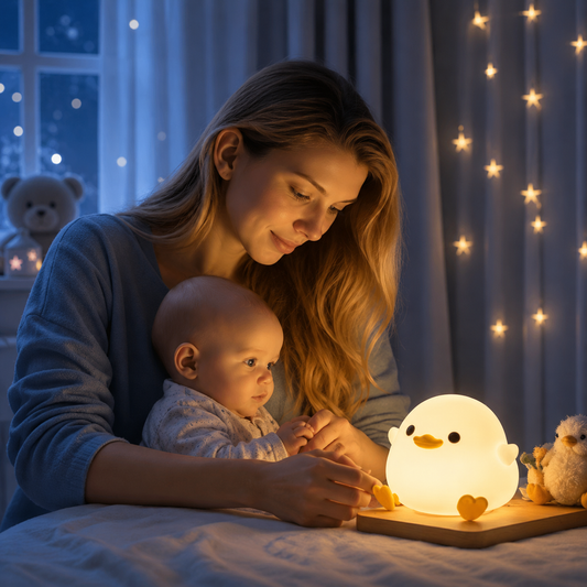Maman et bébé découvrent une veilleuse canard en silicone diffusant une lumière douce et chaleureuse dans une chambre d'enfant. Une guirlande lumineuse, une peluche et une fenêtre aux teintes bleu poudre créent une ambiance apaisante, idéale pour le coucher et les réveils nocturnes.
