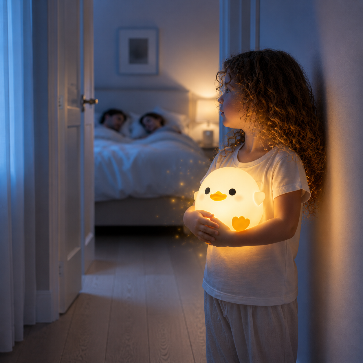 Petite fille tenant une veilleuse canard en silicone diffusant une lumière douce dans un couloir aux teintes bleu poudre. Les parents dorment paisiblement dans la chambre en arrière-plan, tandis que la veilleuse crée une ambiance rassurante, chaleureuse et réconfortante pour les déplacements nocturnes.
