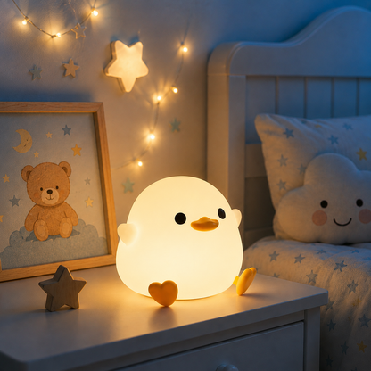 Veilleuse canard en silicone diffusant une lumière douce sur une table de chevet dans une chambre d'enfant. Une guirlande lumineuse, une illustration d'ourson, un coussin en forme de nuage et des teintes bleu poudre créent une ambiance chaleureuse, apaisante et réconfortante pour le coucher.