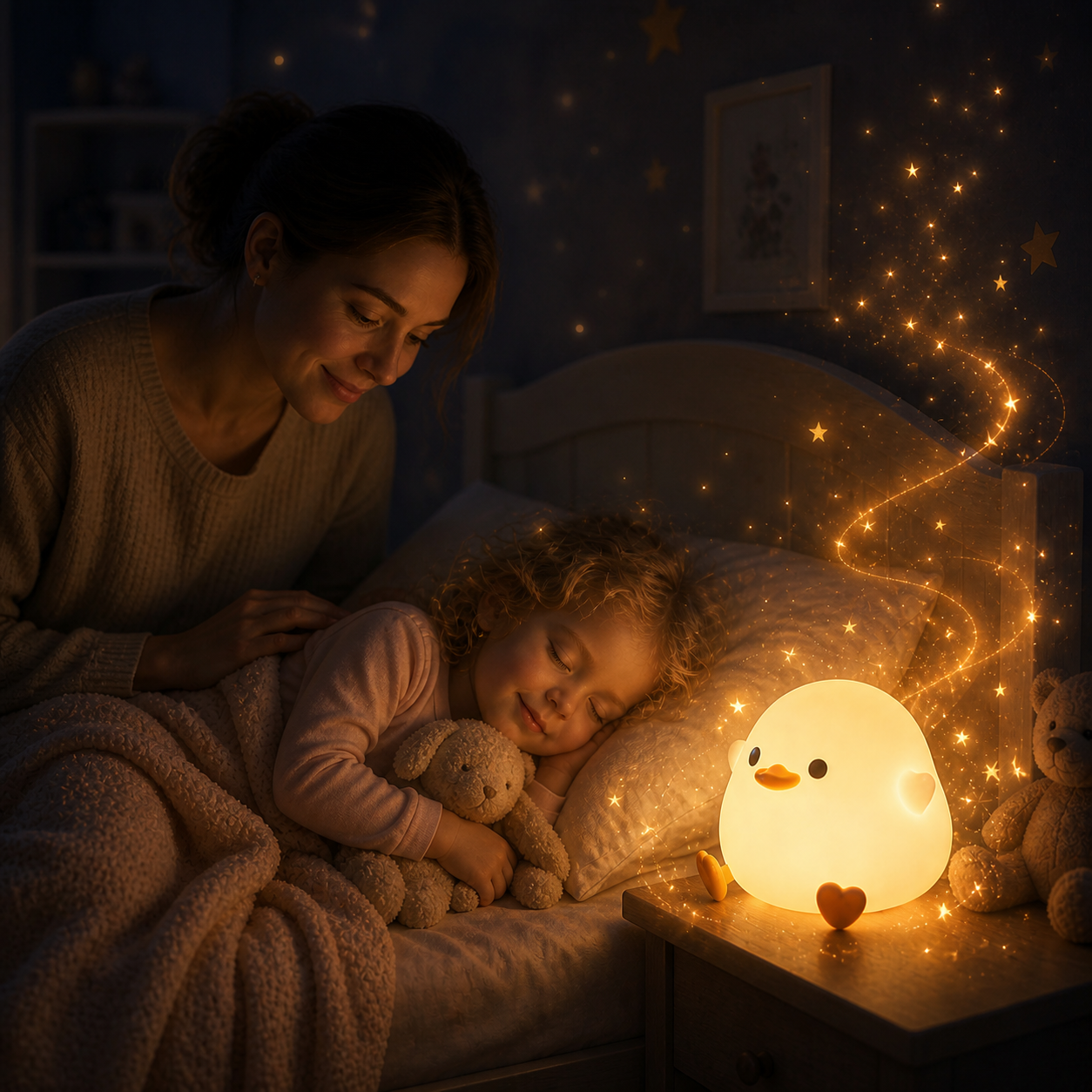 Veilleuse canard pour enfant diffusant une lumière douce dans une chambre de bébé, accompagnant une petite fille endormie sous le regard rassurant de sa maman.