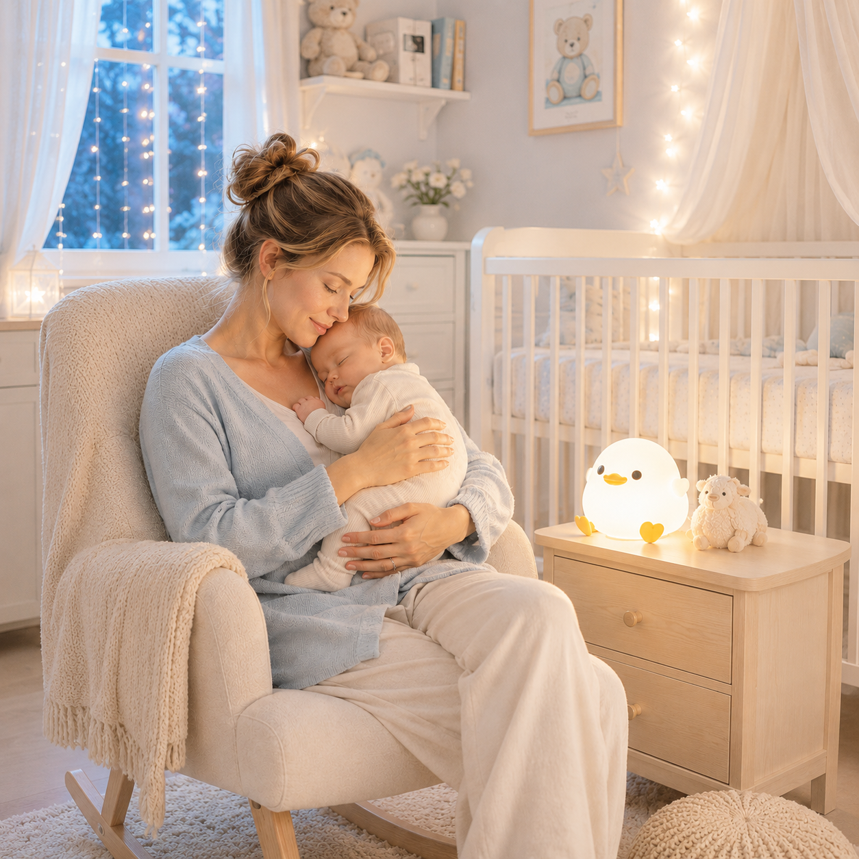 Veilleuse canard LED en silicone diffusant une lumière blanche chaude sur une commode dans une chambre de bébé aux tons greige et bleu poudre. Une maman berce son nouveau-né dans un fauteuil près du lit à barreaux, créant une ambiance douce, chaleureuse et rassurante pour l'heure du coucher.