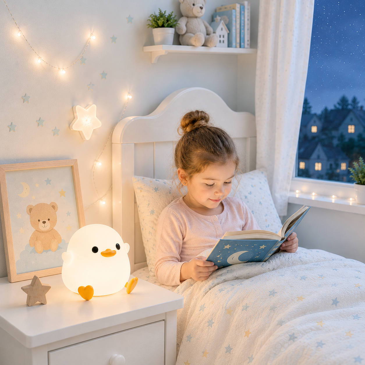 Veilleuse canard LED en silicone diffusant une lumière blanche chaude sur une table de chevet dans une chambre d'enfant aux tons greige et bleu poudre. Une petite fille lit paisiblement dans son lit entourée de guirlandes lumineuses, d'une décoration ourson et d'un mobilier scandinave créant une ambiance douce, chaleureuse et propice au coucher.