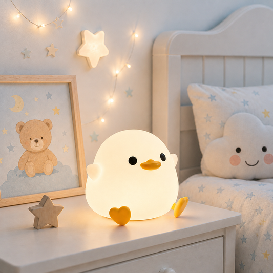 Veilleuse canard LED en silicone diffusant une lumière blanche chaude sur une table de chevet dans une chambre d'enfant aux tons greige et bleu poudre. Décoration douce avec lit, coussin nuage, guirlande lumineuse et affiche ourson, idéale pour rassurer bébé au moment du coucher.