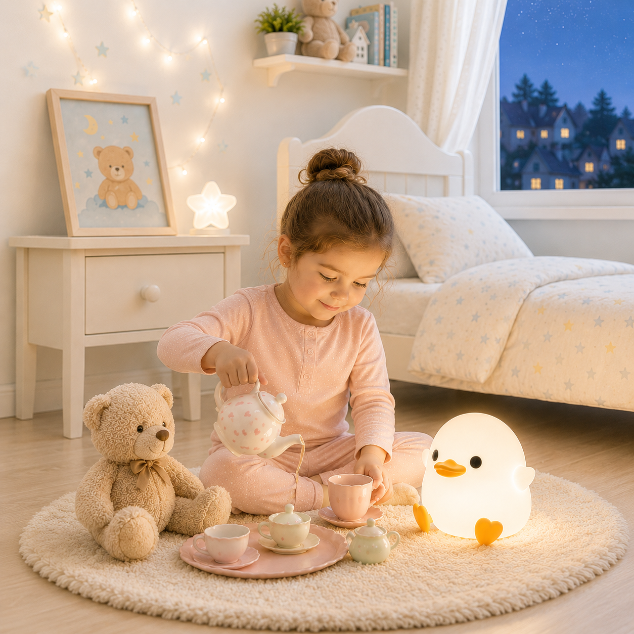 Veilleuse canard LED en silicone diffusant une lumière blanche chaude pendant qu'une petite fille joue au service à thé dans une chambre d'enfant aux tons greige et bleu poudre. Décoration chaleureuse avec lit, table de chevet, affiche ourson, guirlandes lumineuses et mobilier scandinave favorisant une ambiance douce et rassurante.