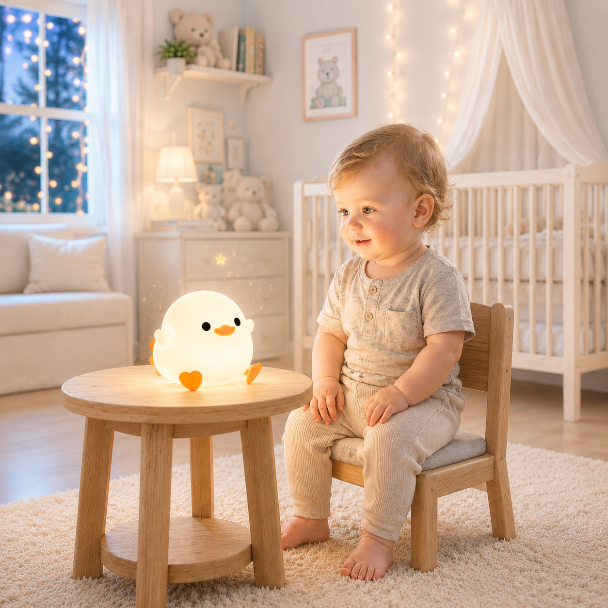 Veilleuse canard LED en silicone diffusant une lumière blanche chaude sur une petite table en bois devant un jeune enfant assis dans une chambre de bébé aux tons greige et bleu poudre. Décoration douce avec lit à barreaux, guirlandes lumineuses et mobilier scandinave créant une ambiance apaisante pour les tout-petits.