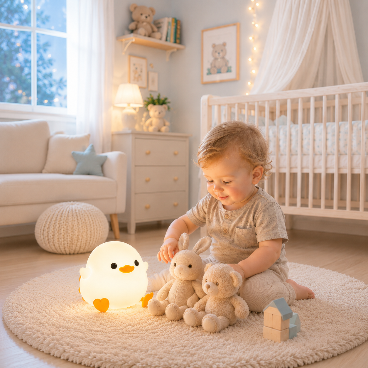 Veilleuse canard LED en silicone diffusant une lumière blanche chaude dans une chambre d'enfant aux tons greige et bleu poudre. Un tout-petit joue avec ses peluches sur un tapis moelleux près de la veilleuse, entouré d'un lit à barreaux, d'un fauteuil, d'un mobilier scandinave et d'une décoration douce créant une ambiance chaleureuse, apaisante et sécurisante.